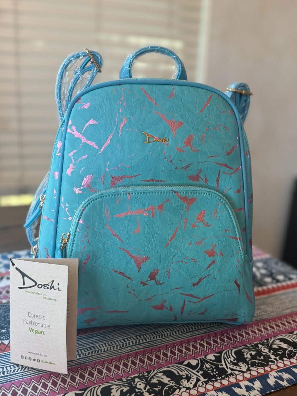 Doshi Debut Slim Vegan Leather Backpack, Light Blue Iridescent Pink, NWT